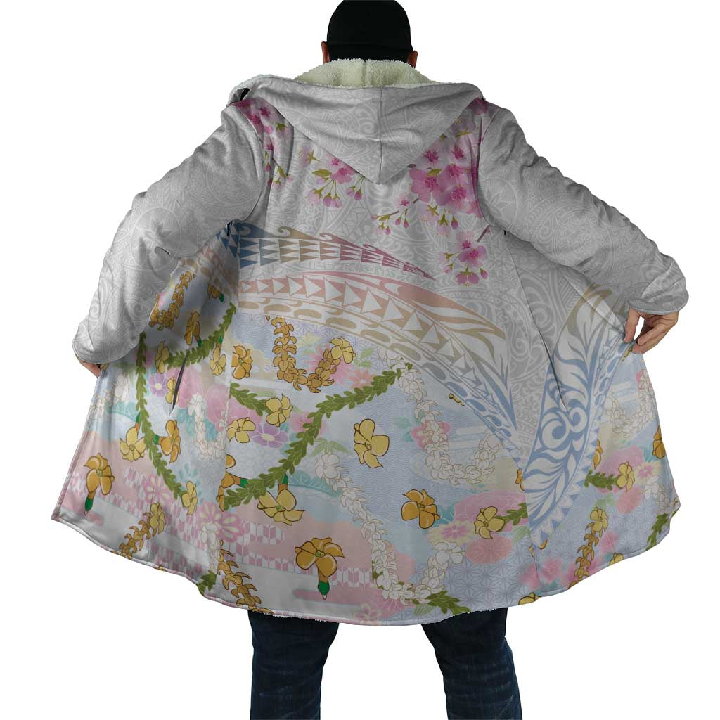 Hawaiian and Japanese Culture Together Cloak Tribal Motifs with Lei and Japanese Sakura Pattern LT03 - Polynesian Pride