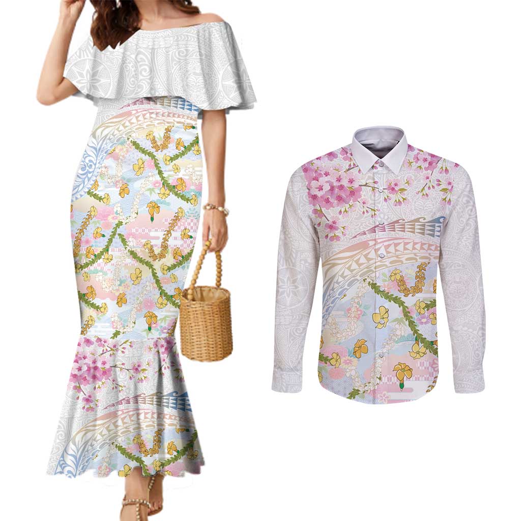 Hawaiian and Japanese Culture Together Couples Matching Mermaid Dress and Long Sleeve Button Shirt Tribal Motifs with Lei and Japanese Sakura Pattern LT03 White - Polynesian Pride