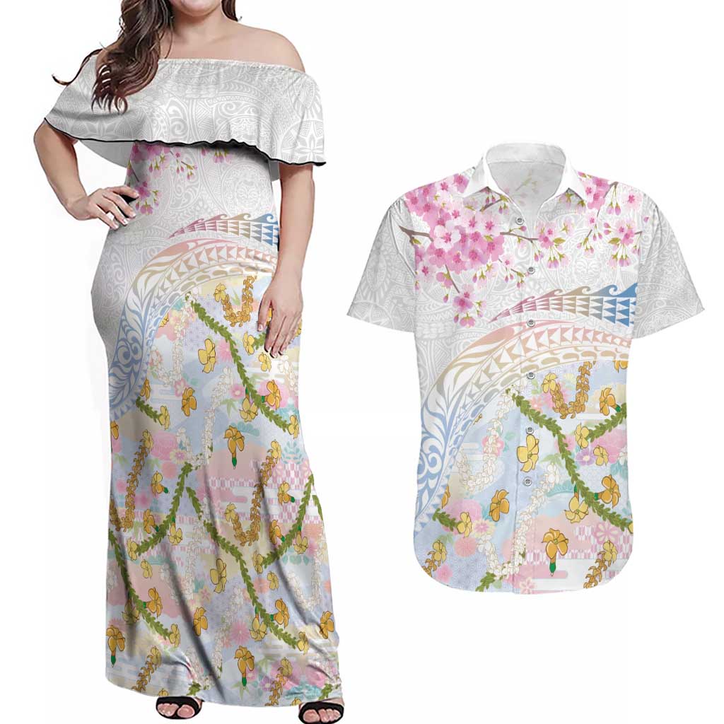 Hawaiian and Japanese Culture Together Couples Matching Off Shoulder Maxi Dress and Hawaiian Shirt Tribal Motifs with Lei and Japanese Sakura Pattern LT03 White - Polynesian Pride
