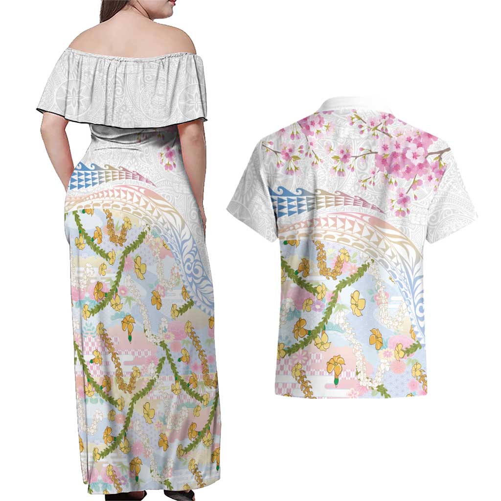 Hawaiian and Japanese Culture Together Couples Matching Off Shoulder Maxi Dress and Hawaiian Shirt Tribal Motifs with Lei and Japanese Sakura Pattern LT03 - Polynesian Pride