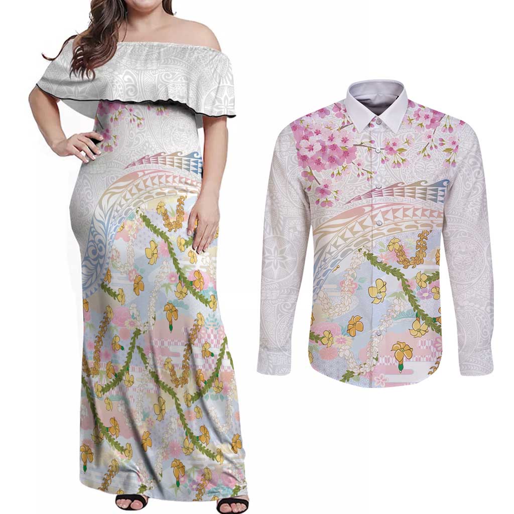 Hawaiian and Japanese Culture Together Couples Matching Off Shoulder Maxi Dress and Long Sleeve Button Shirt Tribal Motifs with Lei and Japanese Sakura Pattern LT03 White - Polynesian Pride
