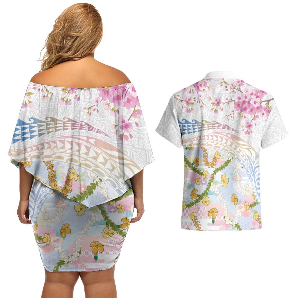 Hawaiian and Japanese Culture Together Couples Matching Off Shoulder Short Dress and Hawaiian Shirt Tribal Motifs with Lei and Japanese Sakura Pattern LT03 - Polynesian Pride