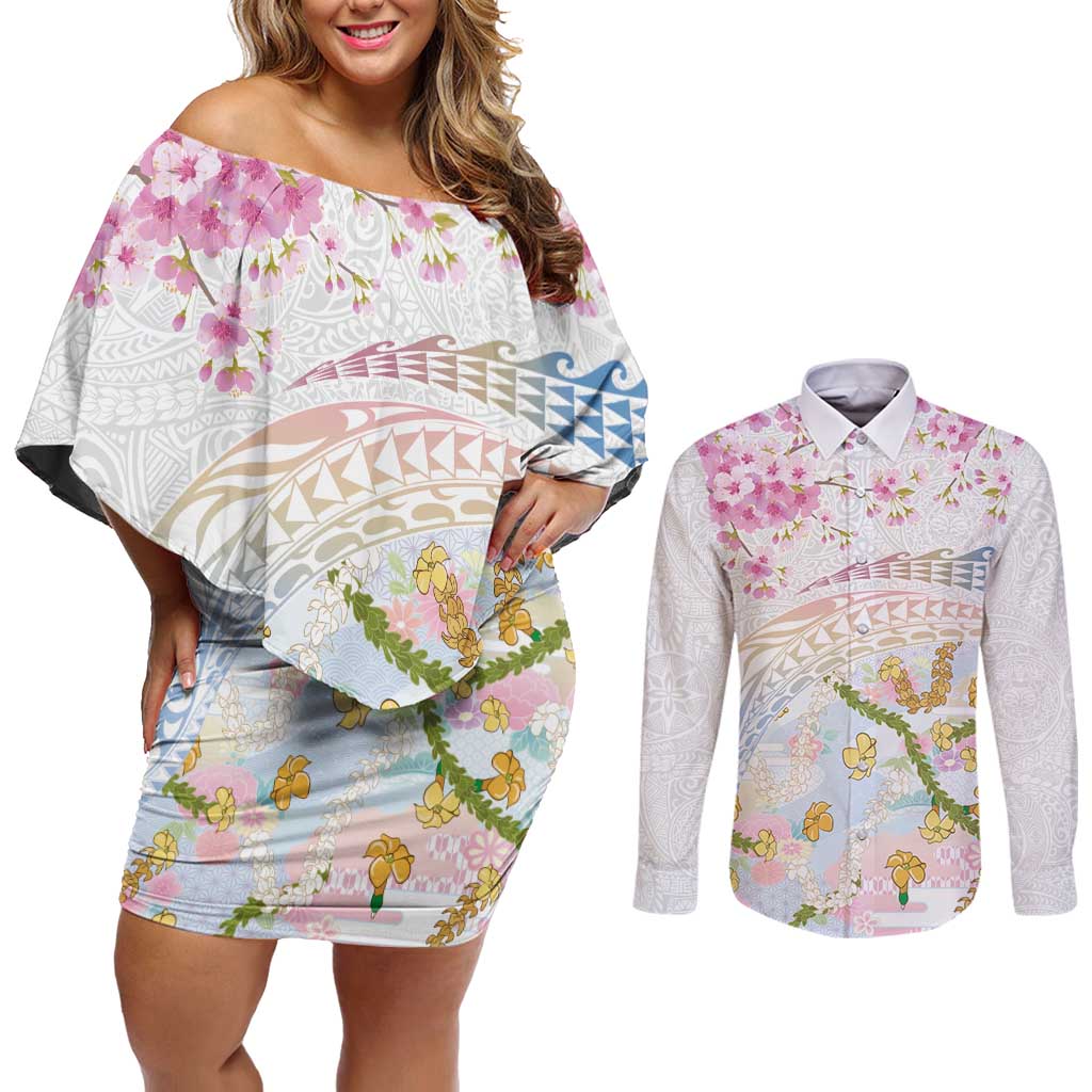 Hawaiian and Japanese Culture Together Couples Matching Off Shoulder Short Dress and Long Sleeve Button Shirt Tribal Motifs with Lei and Japanese Sakura Pattern LT03 White - Polynesian Pride