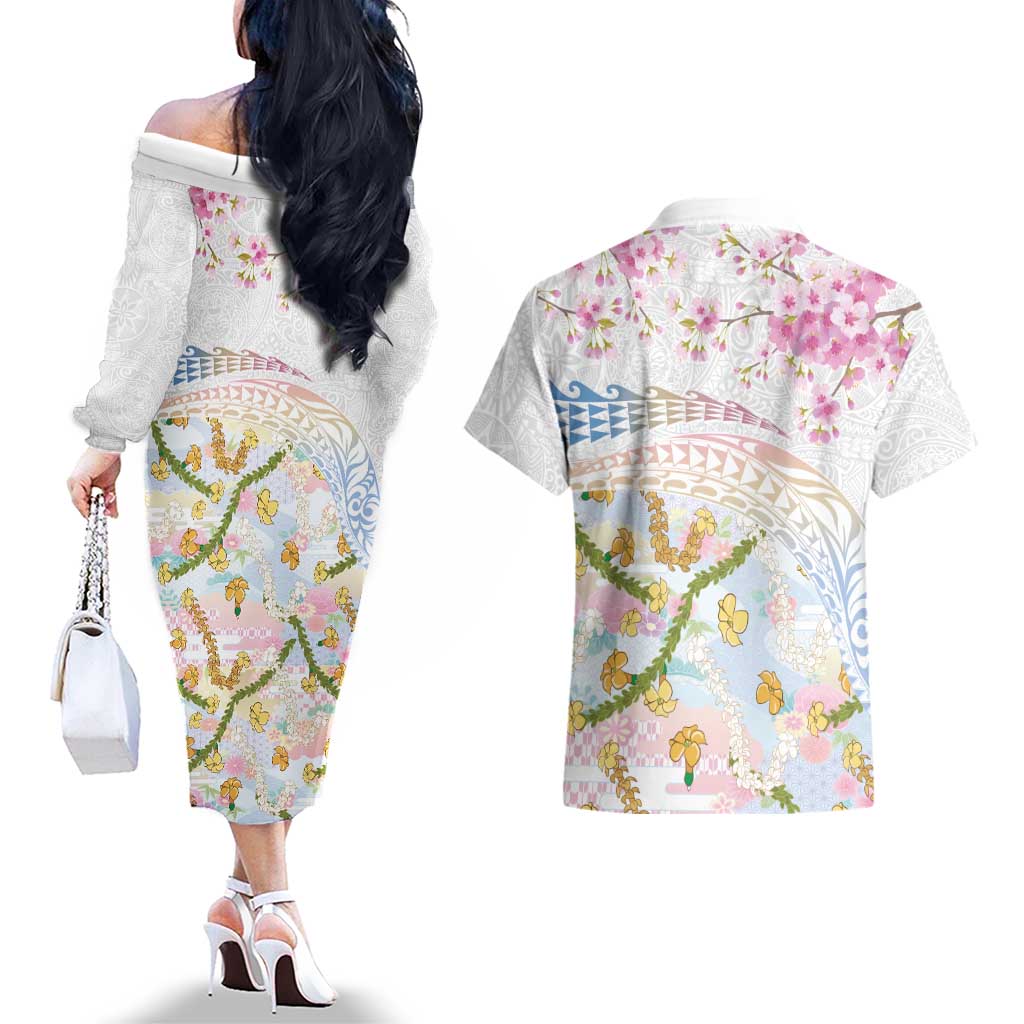 Hawaiian and Japanese Culture Together Couples Matching Off The Shoulder Long Sleeve Dress and Hawaiian Shirt Tribal Motifs with Lei and Japanese Sakura Pattern LT03 - Polynesian Pride