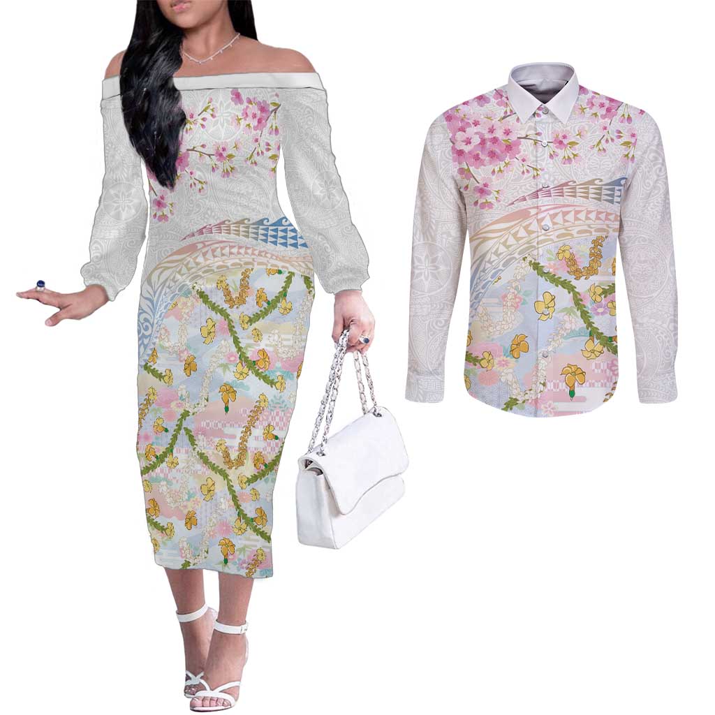 Hawaiian and Japanese Culture Together Couples Matching Off The Shoulder Long Sleeve Dress and Long Sleeve Button Shirt Tribal Motifs with Lei and Japanese Sakura Pattern LT03 White - Polynesian Pride