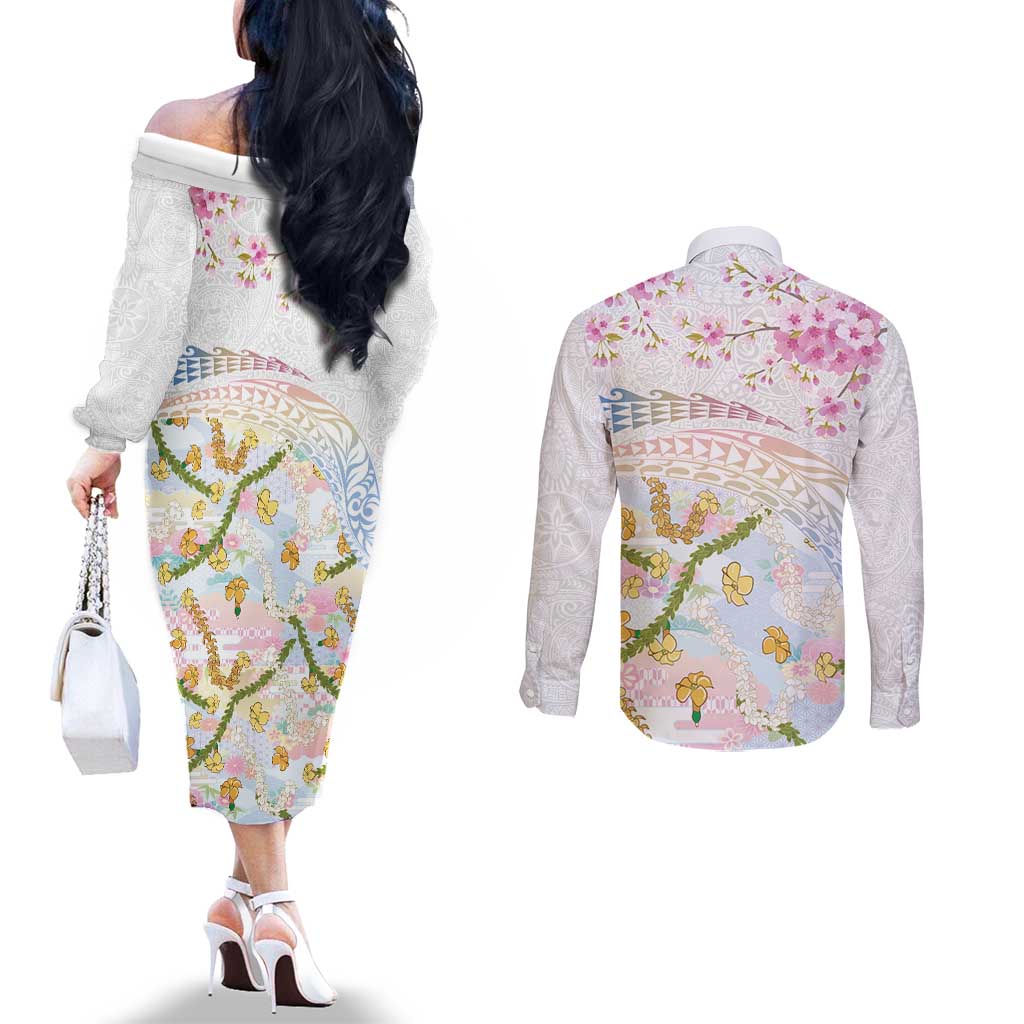 Hawaiian and Japanese Culture Together Couples Matching Off The Shoulder Long Sleeve Dress and Long Sleeve Button Shirt Tribal Motifs with Lei and Japanese Sakura Pattern LT03 - Polynesian Pride