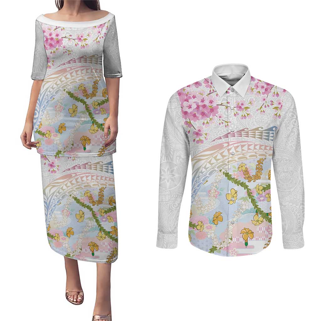 Hawaiian and Japanese Culture Together Couples Matching Puletasi and Long Sleeve Button Shirt Tribal Motifs with Lei and Japanese Sakura Pattern LT03 White - Polynesian Pride