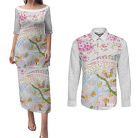 Hawaiian and Japanese Culture Together Couples Matching Puletasi and Long Sleeve Button Shirt Tribal Motifs with Lei and Japanese Sakura Pattern LT03 White - Polynesian Pride