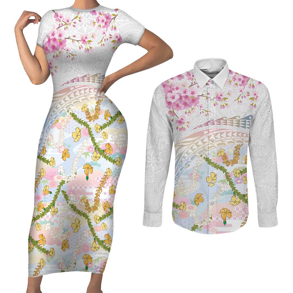 Hawaiian and Japanese Culture Together Couples Matching Short Sleeve Bodycon Dress and Long Sleeve Button Shirt Tribal Motifs with Lei and Japanese Sakura Pattern LT03 White - Polynesian Pride