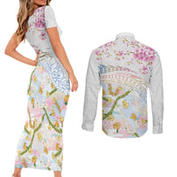 Hawaiian and Japanese Culture Together Couples Matching Short Sleeve Bodycon Dress and Long Sleeve Button Shirt Tribal Motifs with Lei and Japanese Sakura Pattern LT03 - Polynesian Pride