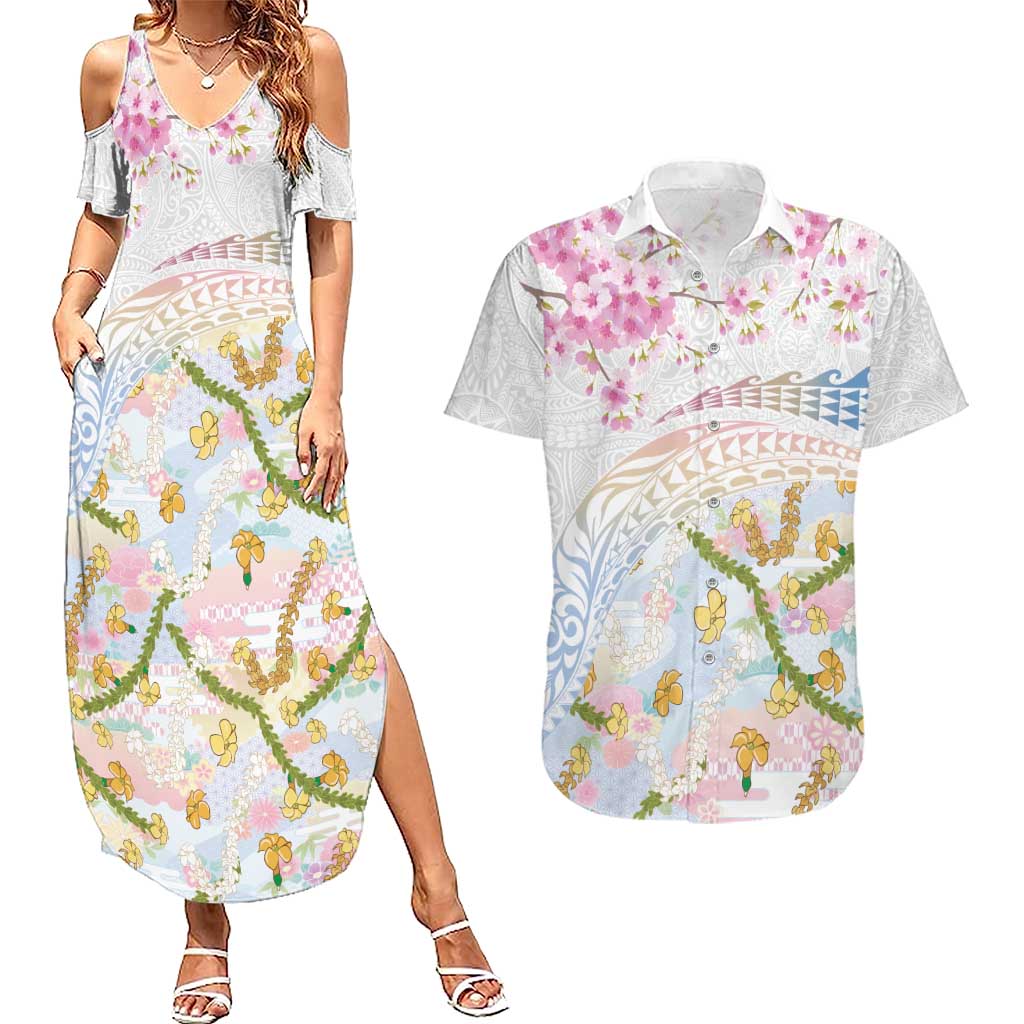 Hawaiian and Japanese Culture Together Couples Matching Summer Maxi Dress and Hawaiian Shirt Tribal Motifs with Lei and Japanese Sakura Pattern LT03 White - Polynesian Pride