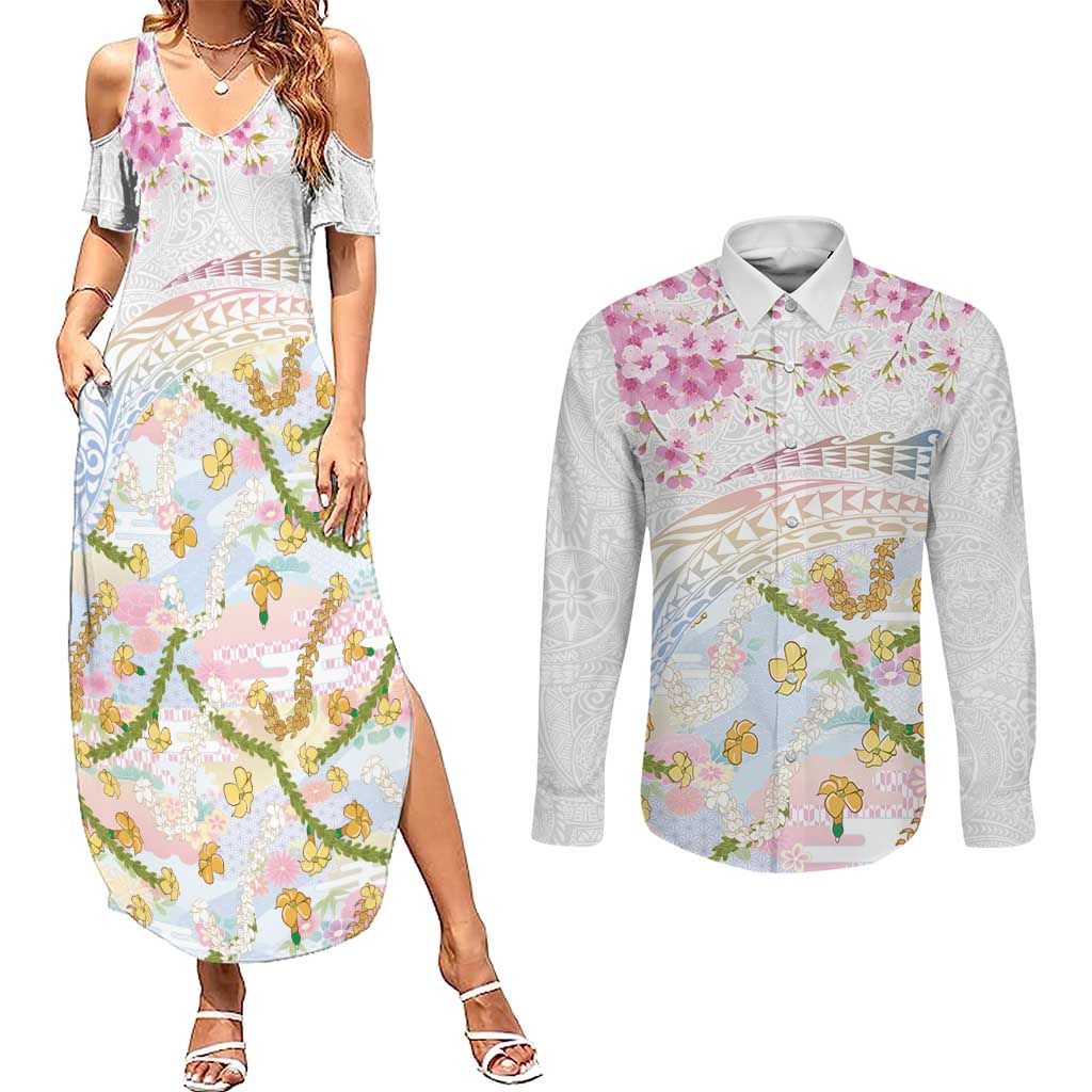 Hawaiian and Japanese Culture Together Couples Matching Summer Maxi Dress and Long Sleeve Button Shirt Tribal Motifs with Lei and Japanese Sakura Pattern LT03 White - Polynesian Pride
