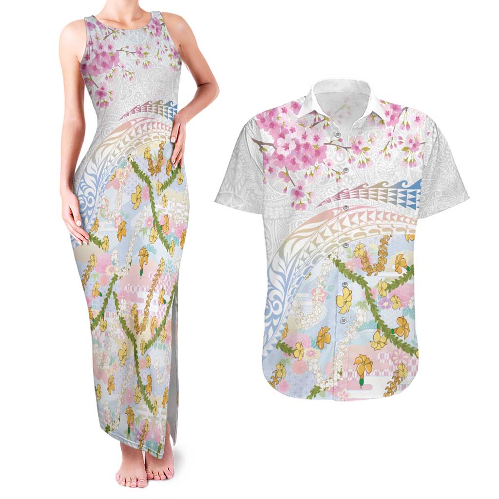 Hawaiian and Japanese Culture Together Couples Matching Tank Maxi Dress and Hawaiian Shirt Tribal Motifs with Lei and Japanese Sakura Pattern LT03 White - Polynesian Pride