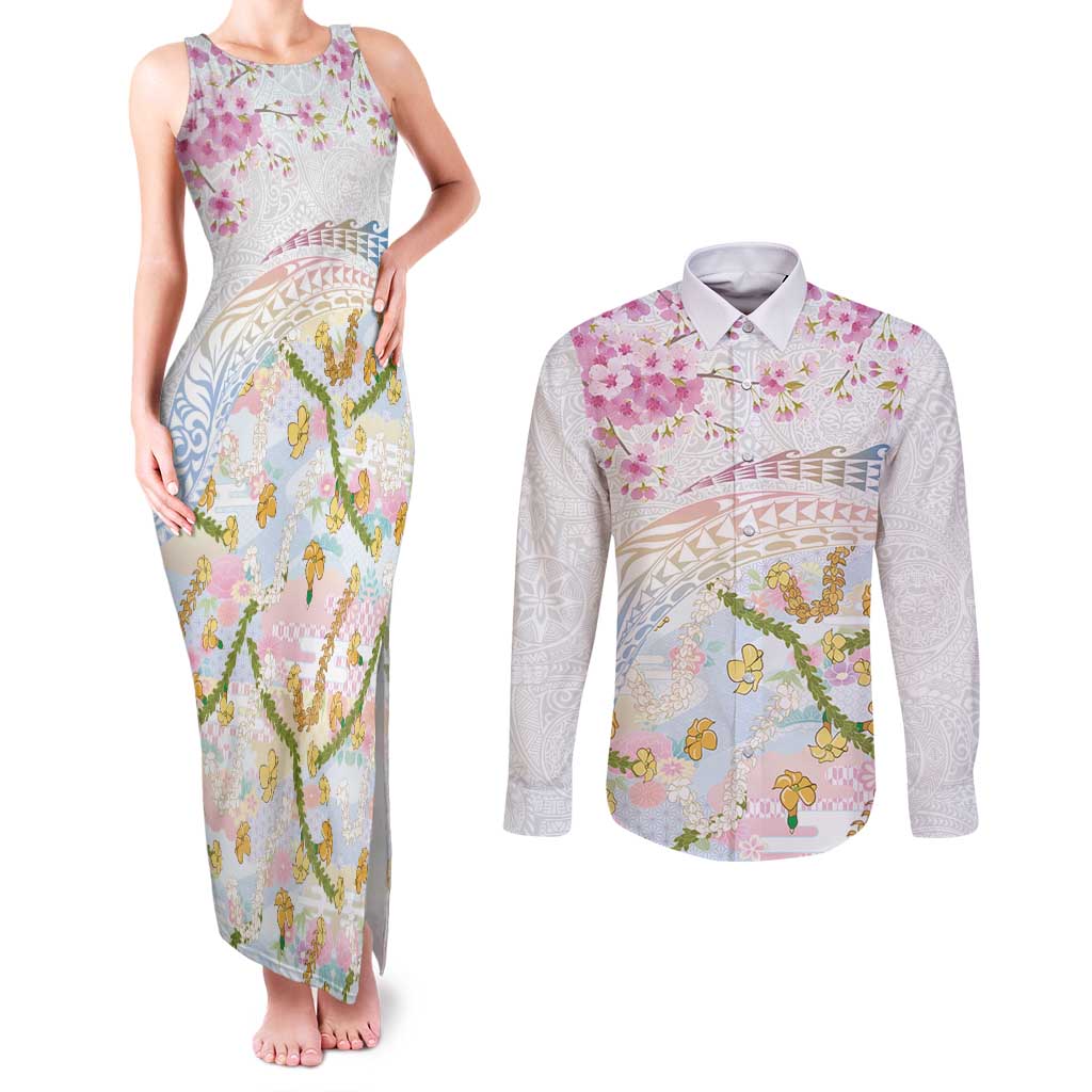 Hawaiian and Japanese Culture Together Couples Matching Tank Maxi Dress and Long Sleeve Button Shirt Tribal Motifs with Lei and Japanese Sakura Pattern LT03 White - Polynesian Pride