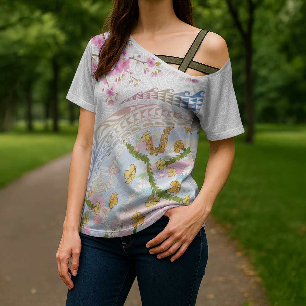 Hawaiian and Japanese Culture Together Cross Shoulder Shirt Tribal Motifs with Lei and Japanese Sakura Pattern LT03 - Polynesian Pride