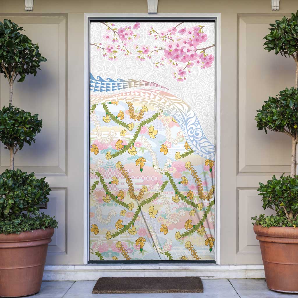 Hawaiian and Japanese Culture Together Door Cover Tribal Motifs with Lei and Japanese Sakura Pattern LT03 White - Polynesian Pride