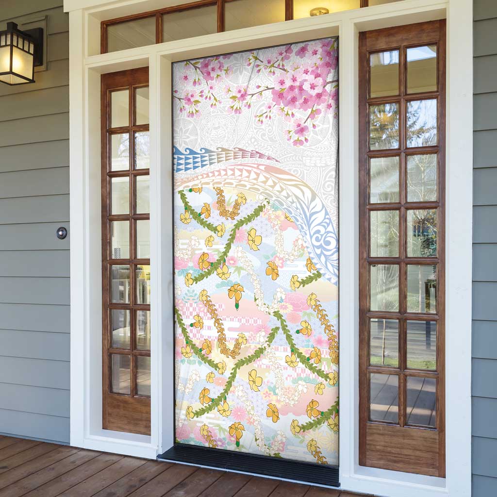 Hawaiian and Japanese Culture Together Door Cover Tribal Motifs with Lei and Japanese Sakura Pattern LT03 - Polynesian Pride