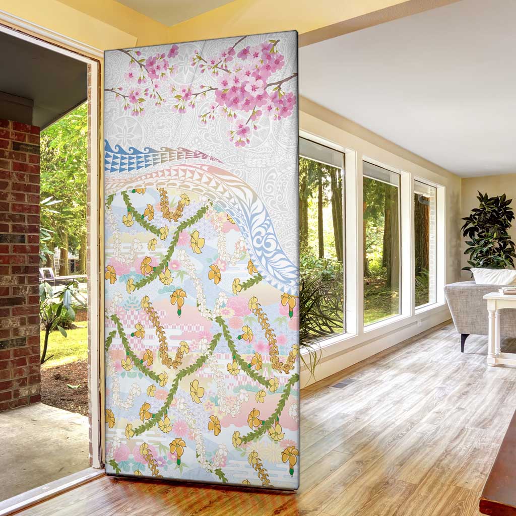 Hawaiian and Japanese Culture Together Door Cover Tribal Motifs with Lei and Japanese Sakura Pattern LT03 - Polynesian Pride
