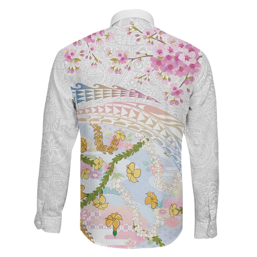 Hawaiian and Japanese Culture Together Family Matching Off Shoulder Short Dress and Hawaiian Shirt Tribal Motifs with Lei and Japanese Sakura Pattern LT03 - Polynesian Pride