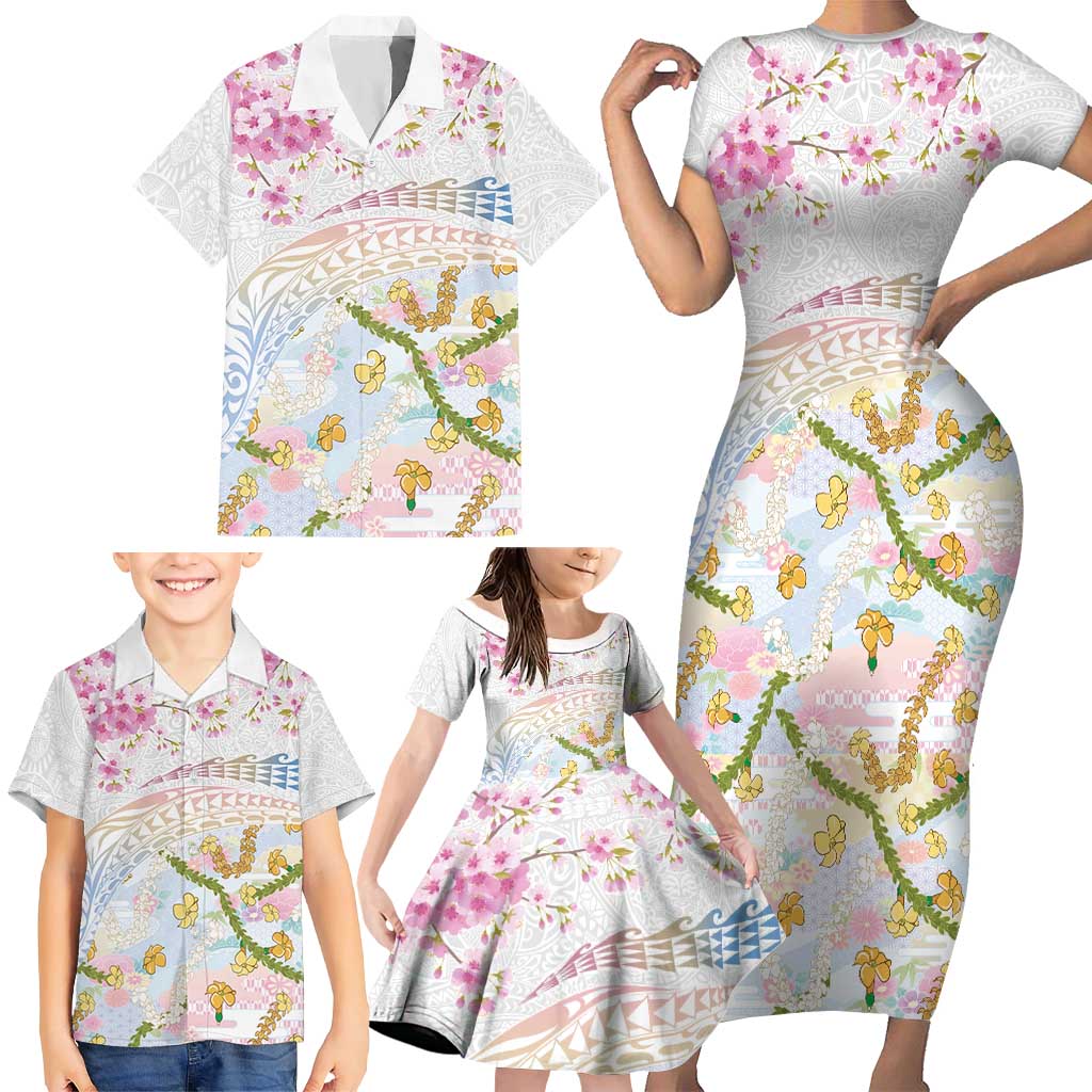 Hawaiian and Japanese Culture Together Family Matching Short Sleeve Bodycon Dress and Hawaiian Shirt Tribal Motifs with Lei and Japanese Sakura Pattern LT03 - Polynesian Pride