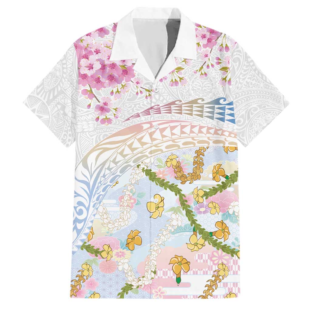 Hawaiian and Japanese Culture Together Family Matching Summer Maxi Dress and Hawaiian Shirt Tribal Motifs with Lei and Japanese Sakura Pattern LT03 Dad's Shirt - Short Sleeve White - Polynesian Pride