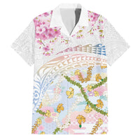 Hawaiian and Japanese Culture Together Family Matching Summer Maxi Dress and Hawaiian Shirt Tribal Motifs with Lei and Japanese Sakura Pattern LT03 Dad's Shirt - Short Sleeve White - Polynesian Pride