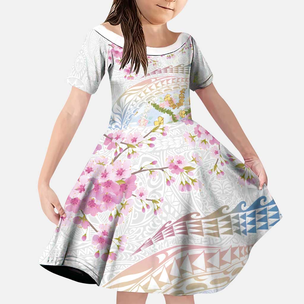 Hawaiian and Japanese Culture Together Family Matching Tank Maxi Dress and Hawaiian Shirt Tribal Motifs with Lei and Japanese Sakura Pattern LT03 Daughter's Dress White - Polynesian Pride