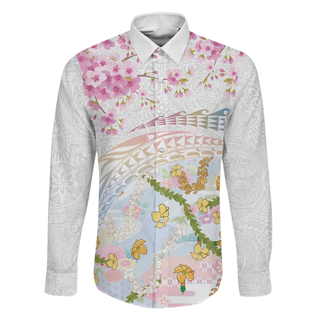 Hawaiian and Japanese Culture Together Family Matching Tank Maxi Dress and Hawaiian Shirt Tribal Motifs with Lei and Japanese Sakura Pattern LT03 Dad's Shirt - Long Sleeve White - Polynesian Pride