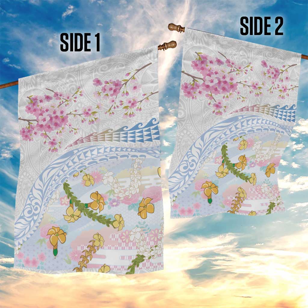 Hawaiian and Japanese Culture Together Garden Flag Tribal Motifs with Lei and Japanese Sakura Pattern