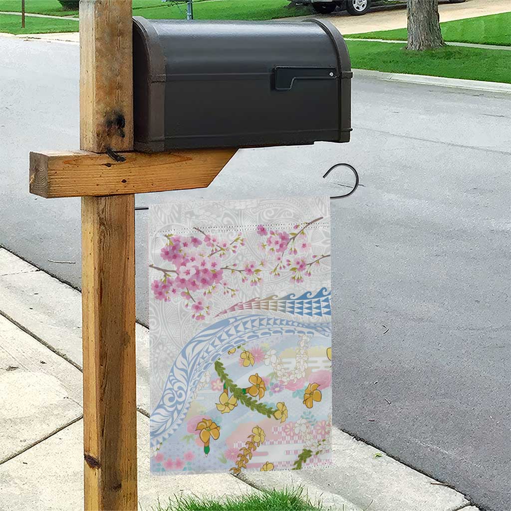 Hawaiian and Japanese Culture Together Garden Flag Tribal Motifs with Lei and Japanese Sakura Pattern