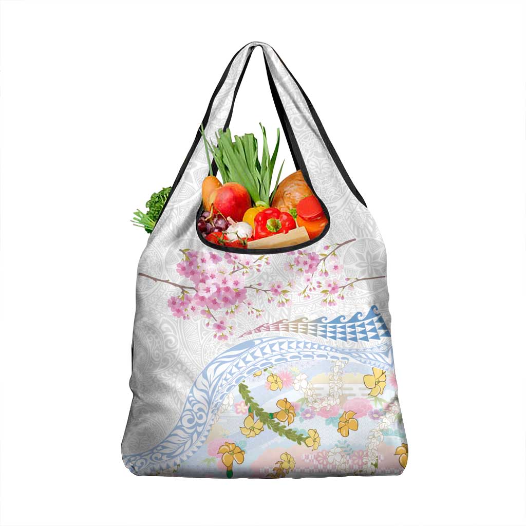 Hawaiian and Japanese Culture Together Grocery Bag Tribal Motifs with Lei and Japanese Sakura Pattern LT03 1-pack One Size White - Polynesian Pride