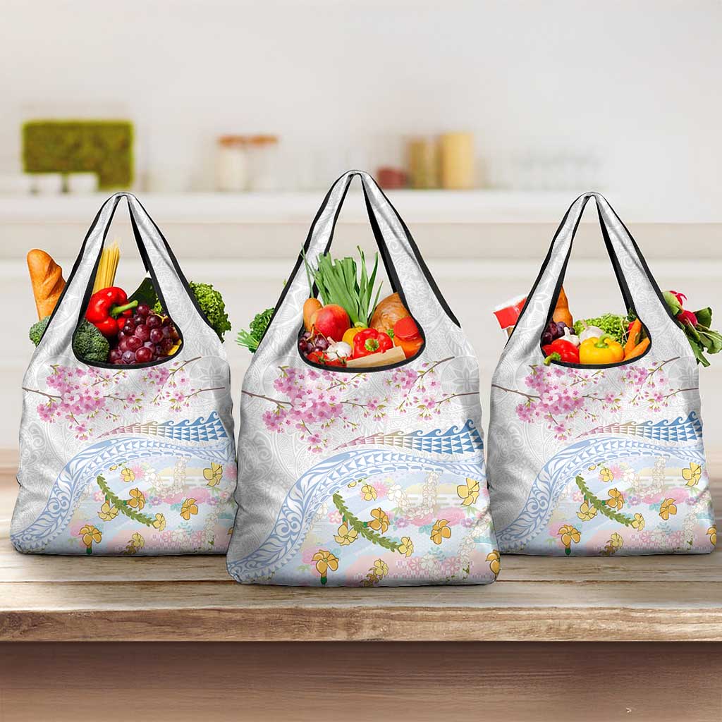 Hawaiian and Japanese Culture Together Grocery Bag Tribal Motifs with Lei and Japanese Sakura Pattern LT03 3-pack One Size White - Polynesian Pride