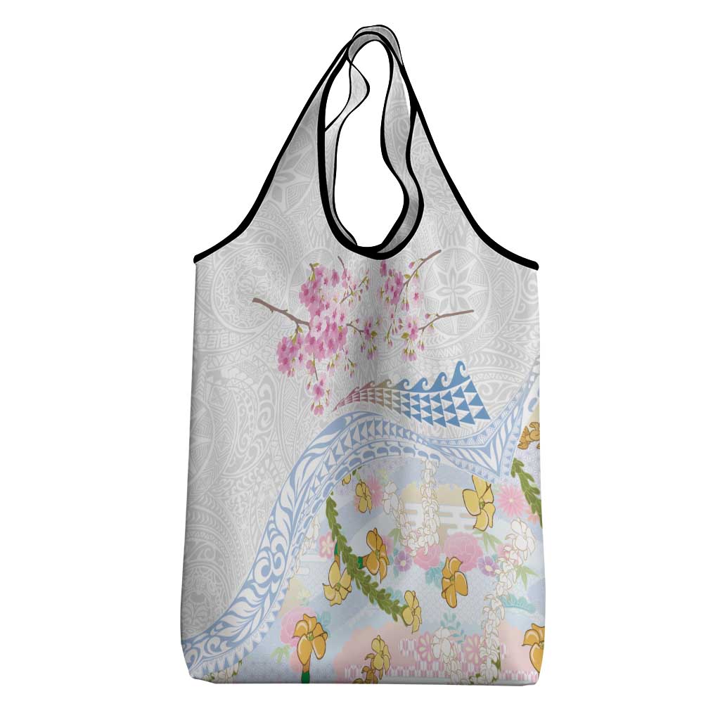 Hawaiian and Japanese Culture Together Grocery Bag Tribal Motifs with Lei and Japanese Sakura Pattern LT03 - Polynesian Pride