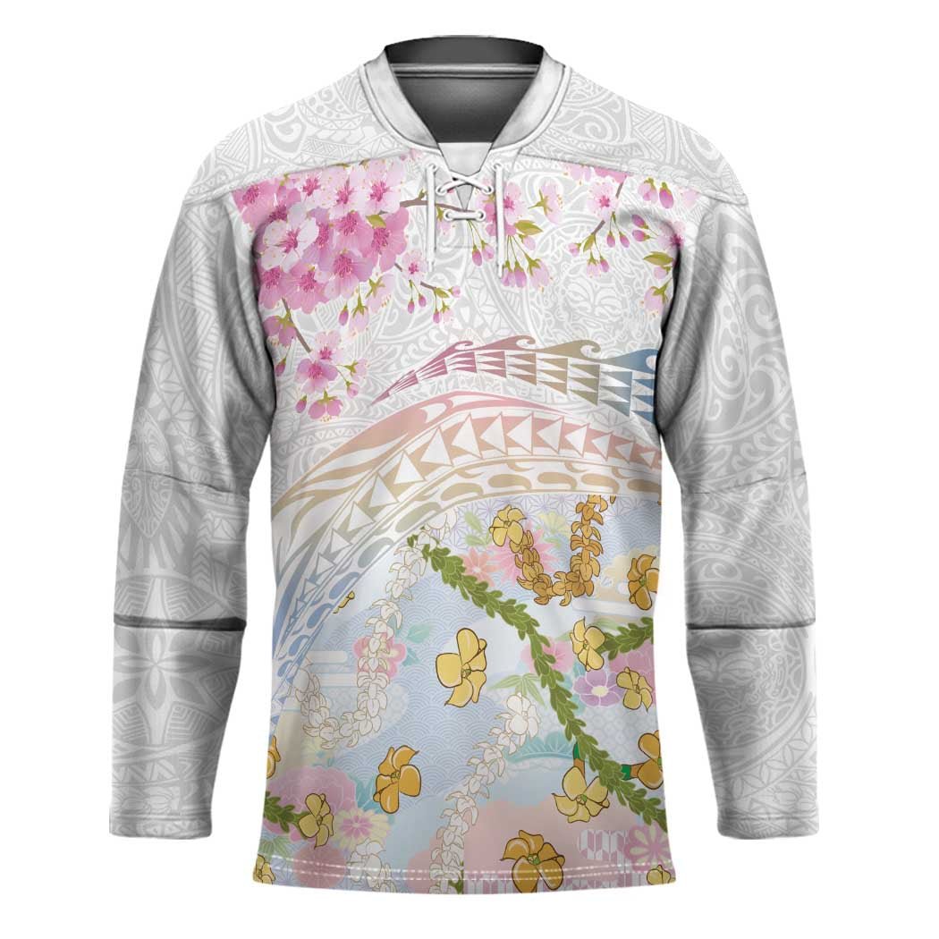 Hawaiian and Japanese Culture Together Hockey Jersey Tribal Motifs with Lei and Japanese Sakura Pattern LT03 Unisex White - Polynesian Pride