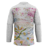 Hawaiian and Japanese Culture Together Hockey Jersey Tribal Motifs with Lei and Japanese Sakura Pattern LT03 - Polynesian Pride
