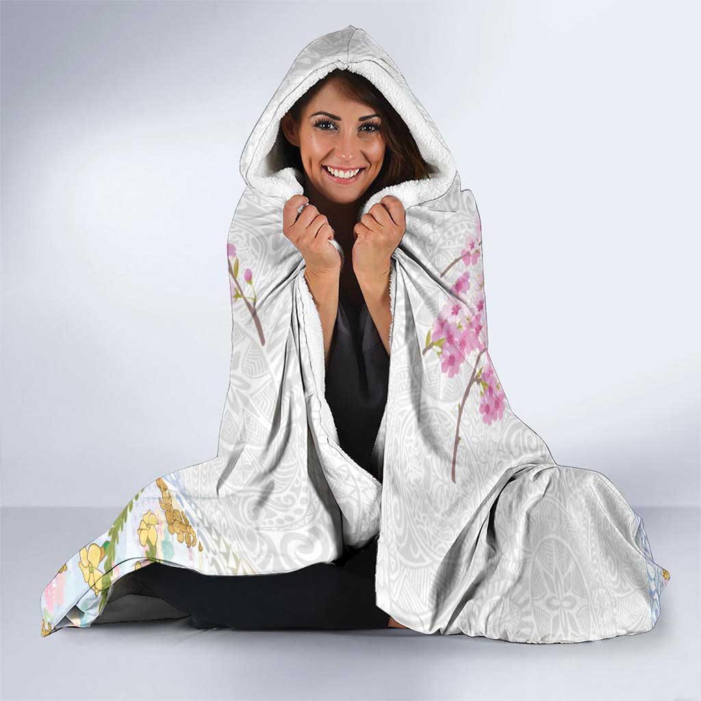 Hawaiian and Japanese Culture Together Hooded Blanket Tribal Motifs with Lei and Japanese Sakura Pattern LT03 - Polynesian Pride