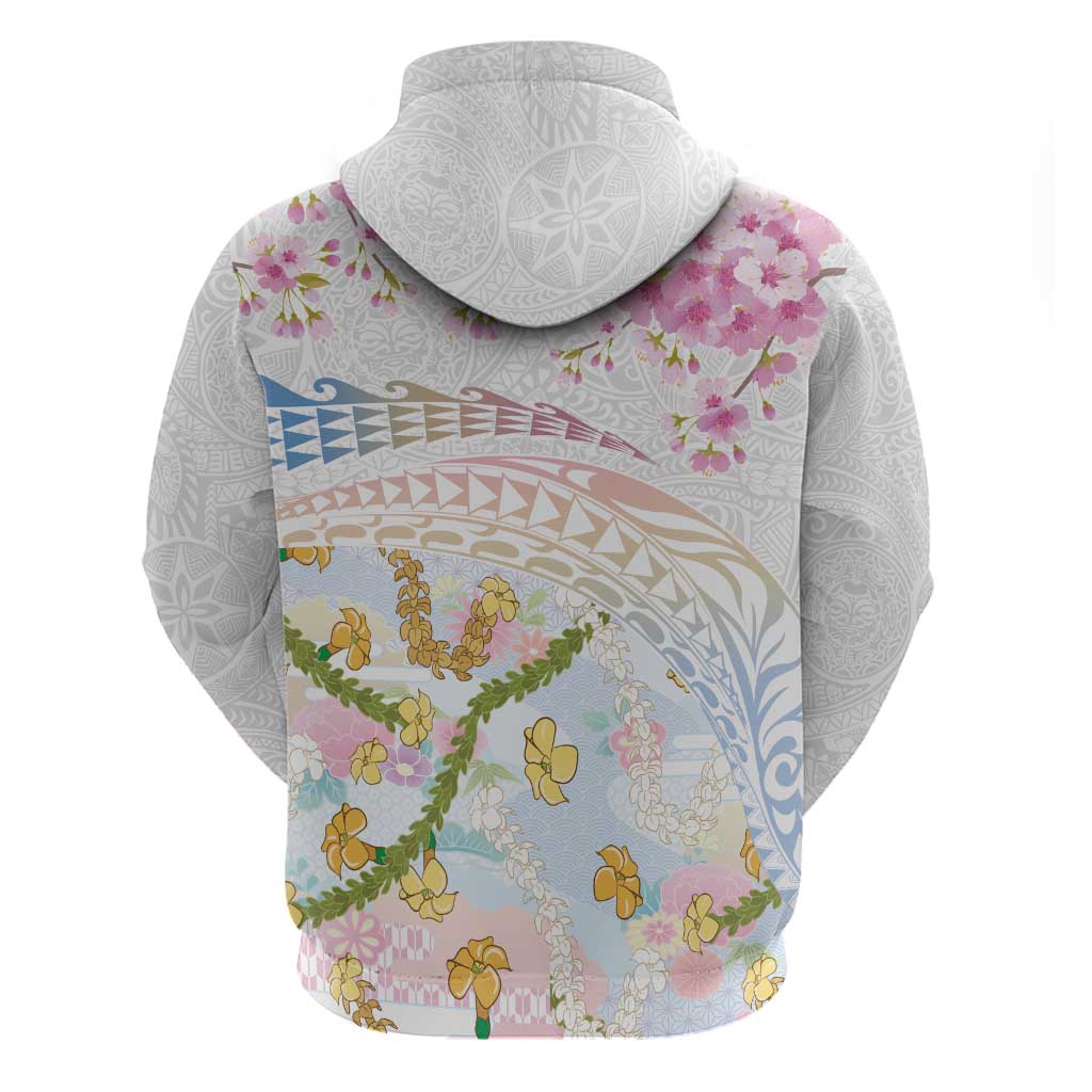 Hawaiian and Japanese Culture Together Hoodie Tribal Motifs with Lei and Japanese Sakura Pattern LT03 - Polynesian Pride