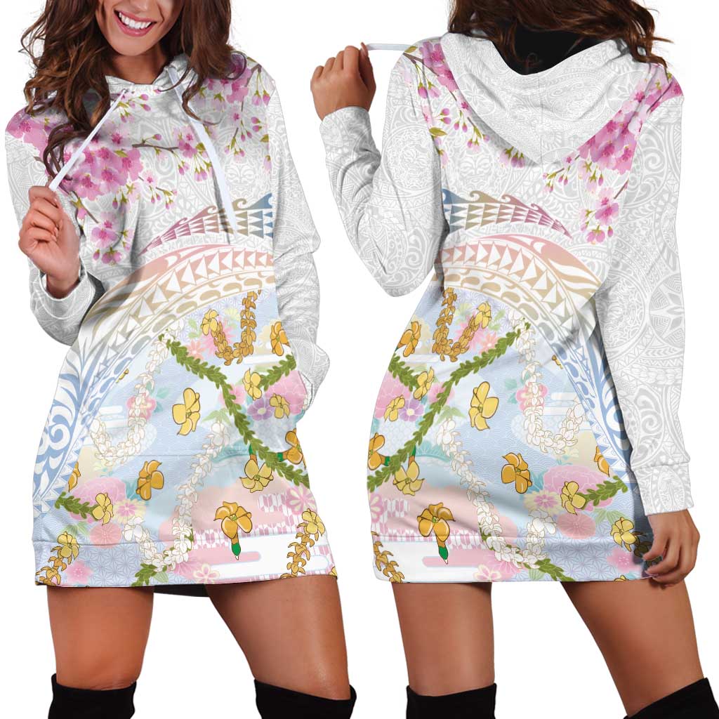 Hawaiian and Japanese Culture Together Hoodie Dress Tribal Motifs with Lei and Japanese Sakura Pattern LT03 - Polynesian Pride