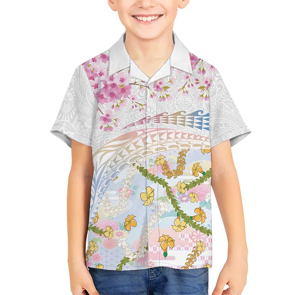 Hawaiian and Japanese Culture Together Kid Hawaiian Shirt Tribal Motifs with Lei and Japanese Sakura Pattern LT03 Kid White - Polynesian Pride