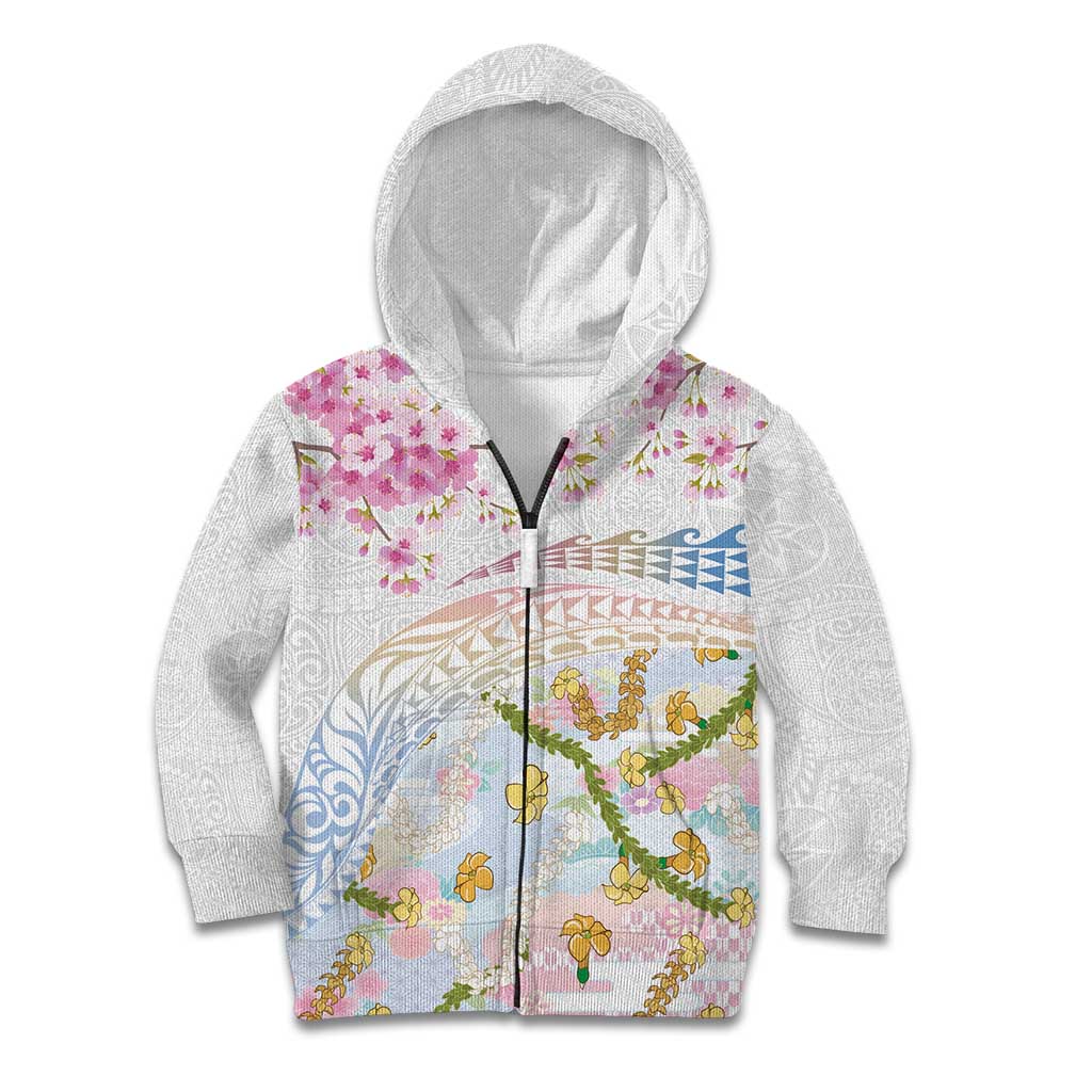 Hawaiian and Japanese Culture Together Kid Hoodie Tribal Motifs with Lei and Japanese Sakura Pattern LT03 Zip Hoodie White - Polynesian Pride