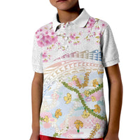 Hawaiian and Japanese Culture Together Kid Polo Shirt Tribal Motifs with Lei and Japanese Sakura Pattern LT03 Kid White - Polynesian Pride