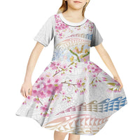 Hawaiian and Japanese Culture Together Kid Short Sleeve Dress Tribal Motifs with Lei and Japanese Sakura Pattern LT03 - Polynesian Pride