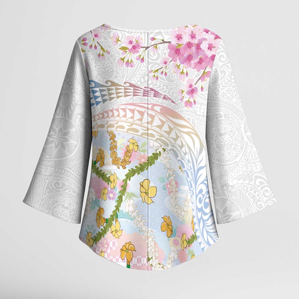 Hawaiian and Japanese Culture Together Kimono Sleeve Blouse Tribal Motifs with Lei and Japanese Sakura Pattern LT03 - Polynesian Pride