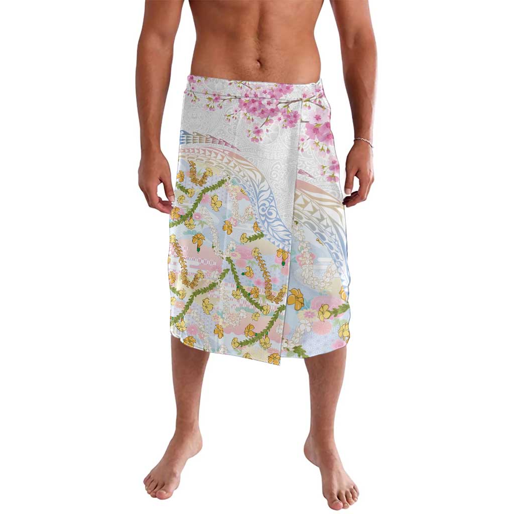 Hawaiian and Japanese Culture Together Lavalava Tribal Motifs with Lei and Japanese Sakura Pattern LT03 White - Polynesian Pride