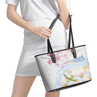 Hawaiian and Japanese Culture Together Leather Tote Bag Tribal Motifs with Lei and Japanese Sakura Pattern LT03 - Polynesian Pride