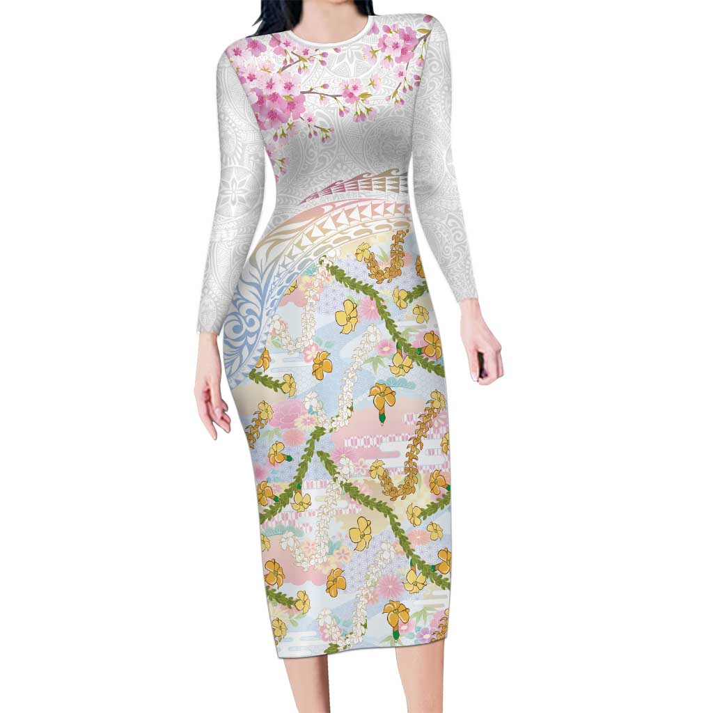 Hawaiian and Japanese Culture Together Long Sleeve Bodycon Dress Tribal Motifs with Lei and Japanese Sakura Pattern LT03 Long Dress White - Polynesian Pride