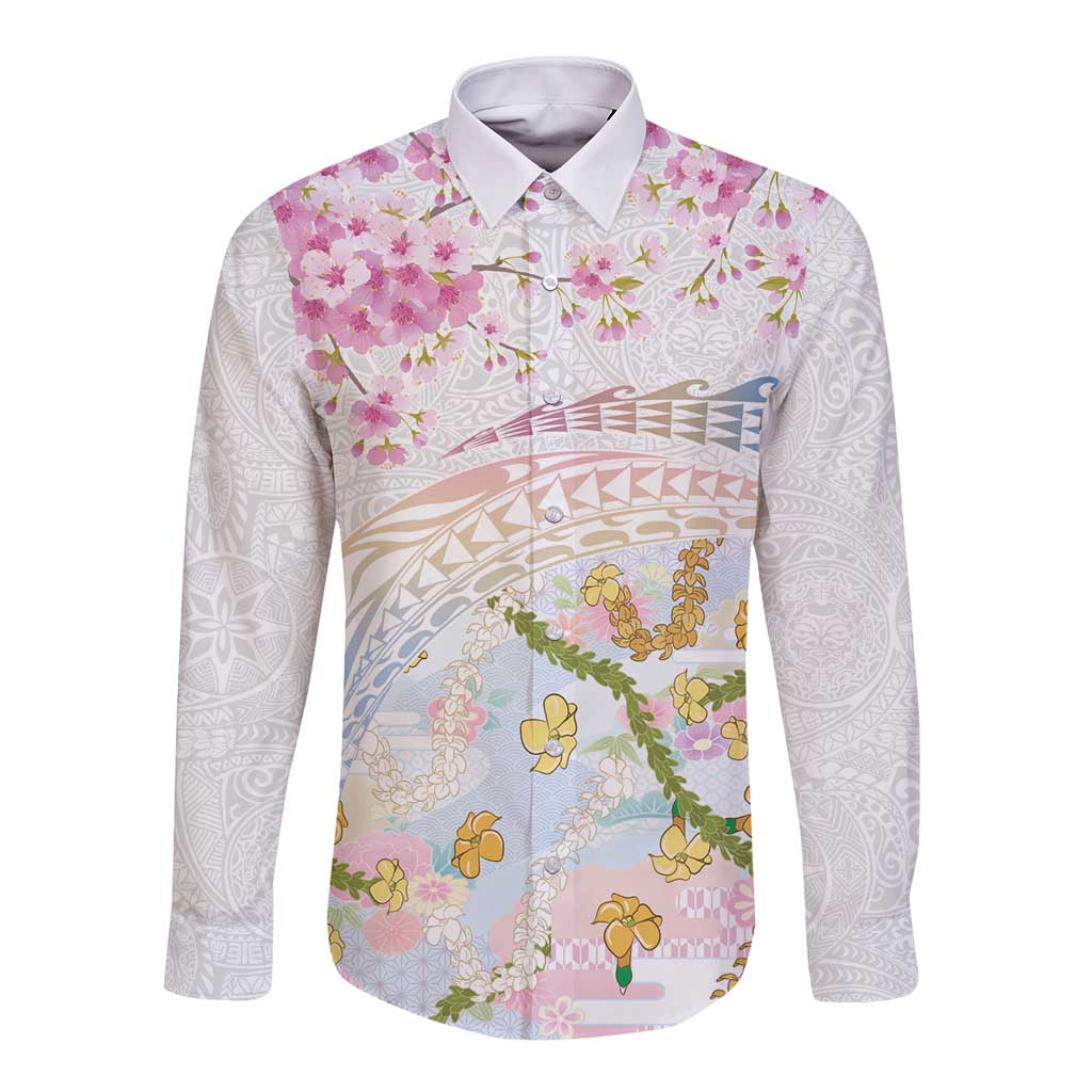 Hawaiian and Japanese Culture Together Long Sleeve Button Shirt Tribal Motifs with Lei and Japanese Sakura Pattern LT03 Unisex White - Polynesian Pride