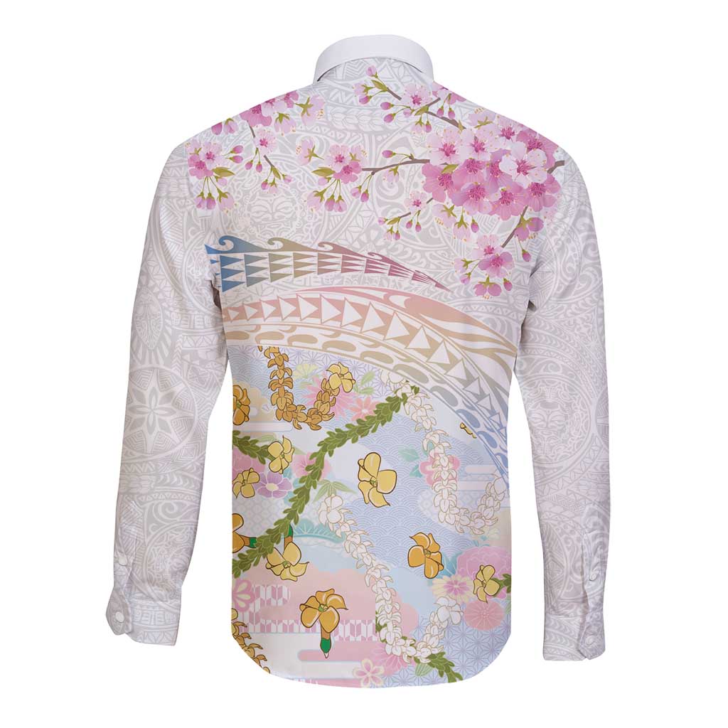 Hawaiian and Japanese Culture Together Long Sleeve Button Shirt Tribal Motifs with Lei and Japanese Sakura Pattern LT03 - Polynesian Pride