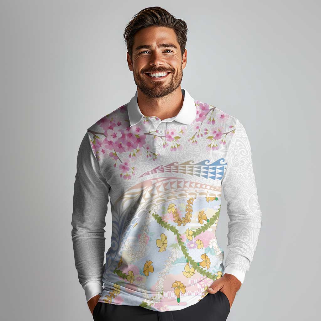 Hawaiian and Japanese Culture Together Long Sleeve Polo Shirt Tribal Motifs with Lei and Japanese Sakura Pattern LT03 - Polynesian Pride