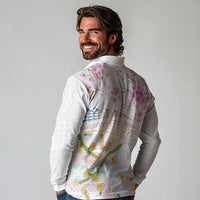 Hawaiian and Japanese Culture Together Long Sleeve Polo Shirt Tribal Motifs with Lei and Japanese Sakura Pattern LT03 - Polynesian Pride